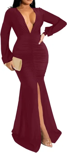 Vista 3 de Vestido largo formal para mujer, sexy, cuello en V profundo, abertura lateral, vestido de cóctel