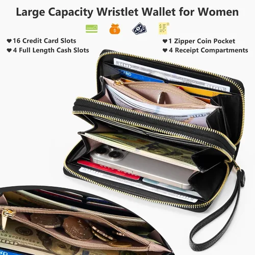 Vista 3 de Espera Cartera de mujer con bloqueo RFID de gran capacidad, tarjetero con doble cremallera, de cuero, con cartera para mujer con correa