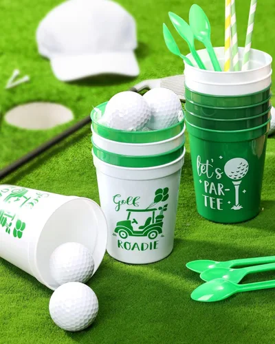 Vista 4 de Nefelibata Copas de golf para despedida de soltera, 12 unidades, vasos de plástico Let's Par-Tee, decoraciones de fiesta temática de golf