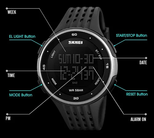 Vista 5 de PASOY Mens Digital Multi-Function Watch 2 Time Black Rubber Alarm Stopwatch Countdown Date Green Backlight Swim Waterproof Watches Black