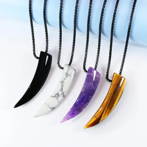 Vista 6 de KVREET Collar con dije de piedra de diente de lobo a juego para parejas de hombres y mujeres