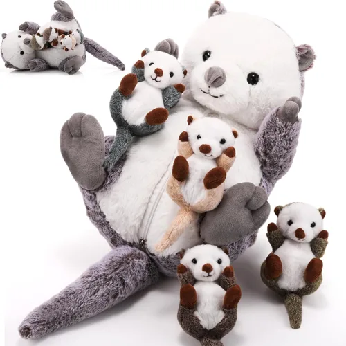 Vista 8 de Shappy 5 Piezas Animales de Peluche de Nutria Marina Grande Mamá Nutria Marina de Peluche con 4 Lindos Bebés en su Vientre con Cremallera Peluches