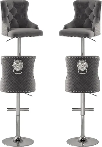 Vista 15 de Juego de 2 taburetes de bar de terciopelo, altura ajustable, base de metal dorado, beige Diseño de cabeza de clavo, función giratoria, ideal