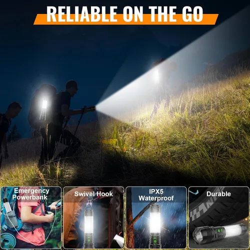 Vista 8 de Hoxida Linternas de Camping Recargables de Altos Lúmenes - 2000 Metros de Haz Largo, Súper Brillante, Linterna LED, Impermeable, Luces de Tienda