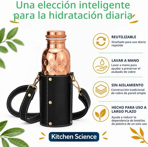 Vista 7 de Kitchen Science Auténtica botella ayurvédica de cobre (34 oz/33.8 fl oz) de cuero para agua potable Probado en laboratorio, a prueba de fugas