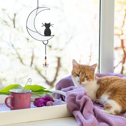 Vista 6 de Godboy Gato negro en la luna, regalo de adorno colgante, regalos conmemorativos para gatos, regalo de condolencias por pérdida de mascotas