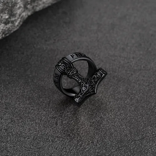 Vista 8 de FaithHeart Norse Viking Jewelry - Anillo de acero inoxidable de guerrero para hombre con diseño vikingo de cabeza de lobomartillo de Thor