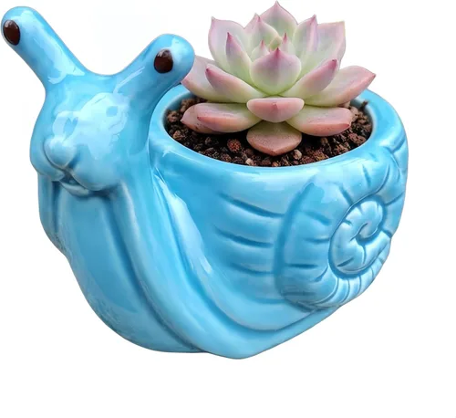 Vista 5 de Maceta de cerámica en forma de caracol animal - Decoración única y encantadora para el hogar (azul)