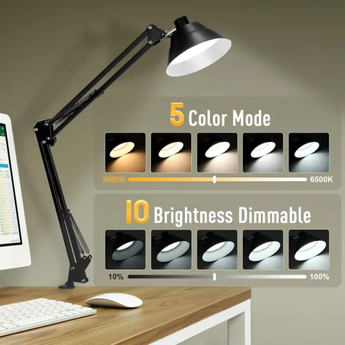 Vista 2 de Lámpara de escritorio LED para oficina en casa, lámpara de escritorio con brazo oscilante con abrazadera, lámpara de mesa de cuello de cisne Negro