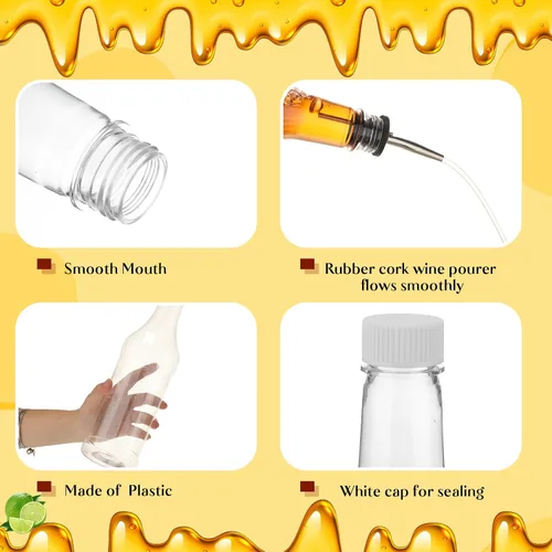 Vista 5 de Dandat 24 botellas de plástico de cuello largo de 32 onzas con vertedor y tapas, botellas de plástico para verter jugo con vertedores de acero