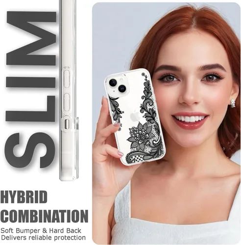 Vista 4 de Compatible con iPhone 13, funda protectora de encaje negro transparente con flores florales a prueba de golpes, parte trasera dura, delgada, bonita