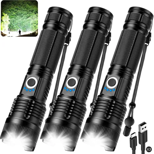 Vista 8 de Paquete de 2 linternas recargables, 990.000 lúmenes altos con 5 modos, IPX7 impermeable, enfoque ajustable, potente luz de flash de mano