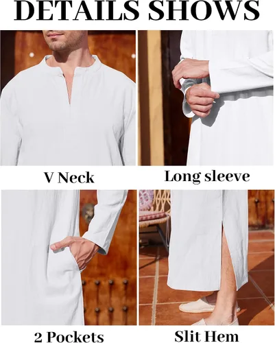 Vista 5 de LVCBL Kaftan Thobe - Bata musulmana grande y alta para hombre, de manga larga, caftán Blanco