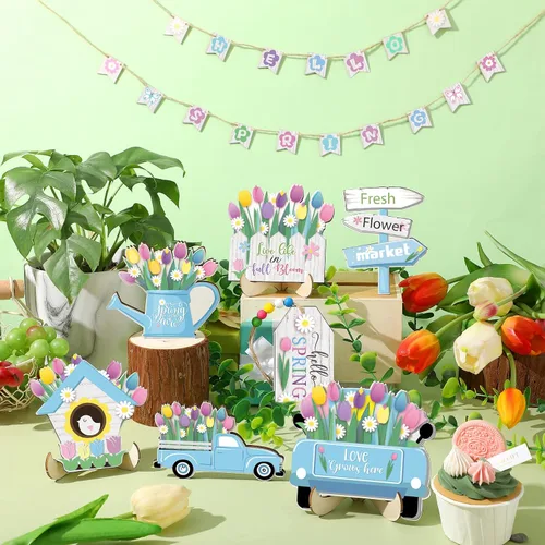 Vista 2 de Bucherry Hello Spring - Bandeja escalonada para decoración de tulipanes, letrero de madera, decoración de mercado de flores, decoración rústica