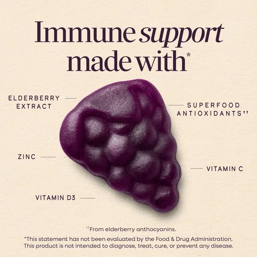 Vista 2 de Sambucus Elderberry Gummies Suplementos Herbales, 10486, 60, 1, 1 Immune Gummy with Black Elderberry Extract, Vitamin C, D3, Zinc, and Superfood