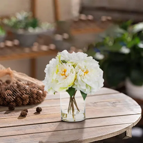 Vista 6 de ENOVA FLORAL Flores de seda de peonías en jarrón, flores falsas con agua sintética en jarrón de vidrio para decoración de mesa de comedor, centros