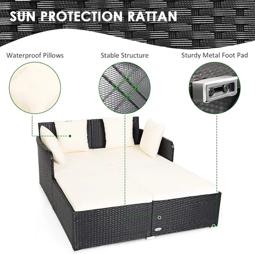 Vista 7 de COSTWAY Sofá Cama de Ratán para Patio Exterior, Sofá de Dos Plazas con Cojines de Esponja y 4 Almohadas, Muebles de Mimbre Cama Solar para Balcón