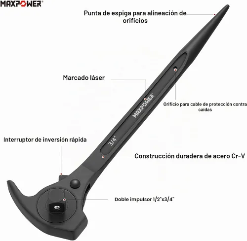 Vista 3 de MAXPOWER Llave de trinquete de andamio de accionamiento de 1/2" y 3/4", llave de podger con martillo de garra, palanca de palanca, barra de palanca