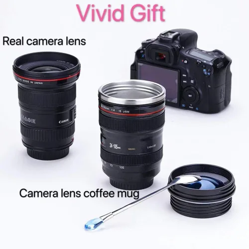 Vista 3 de Taza de café con diseño de lente de cámara Chasing Y, taza con forma de lente de cámara, divertidas tazas de café con lente de cámara de acero