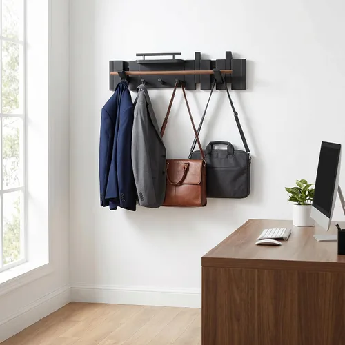 Vista 7 de Gancho plegable de nogal moderno de mediados de siglo con estante, ganchos de madera resistentes para toallas ocultos para baño, estante de pared