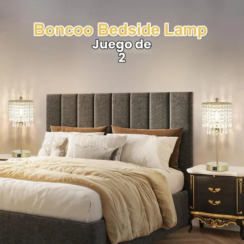 Vista 6 de Juego de 2 lámparas de mesa de cristal, lámpara de mesa de noche regulable de 3 vías con 2 puertos de carga USB, lámpara de noche dorada