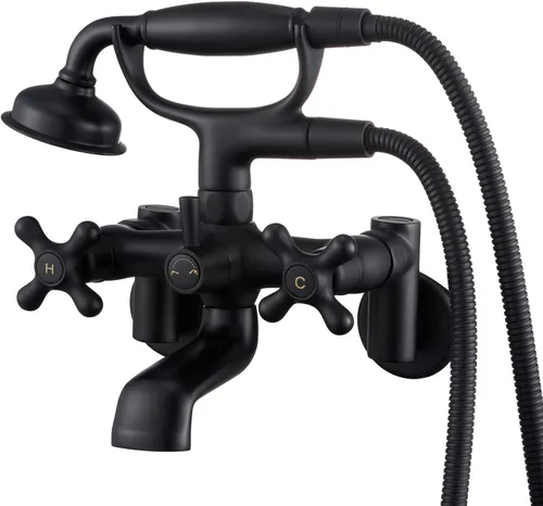 Vista 10 de Clawfoot - Grifo de bañera de montaje en pared, grifos de bañera de oro cepillado con ducha de mano, con forma de teléfono vintage, ajustable de 3 a