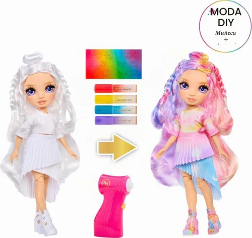 Vista 2 de Rainbow High Air Brush & Create DIY - Muñeca de moda con kit de marcador de aerógrafo, marcadores de arco iris lavables, pelo largo, ojos morados