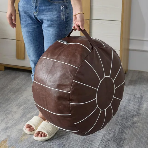 Vista 15 de Louis Donné Funda de Puf Otomano Marroquí SIN RELLENO de 21 Pulgadas, Reposapiés de Cuero Sintético Hecho a Mano, Funda de Puf Redondo