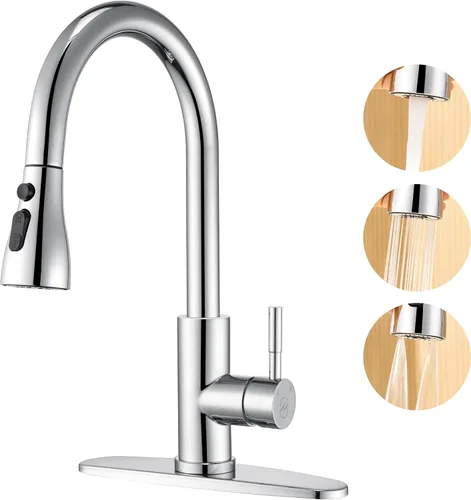 Vista 10 de GAGALIFE Grifos de cocina con rociador desplegable – Grifo de fregadero de cocina con hoja de alta presión, níquel cepillado de arco alto, mango