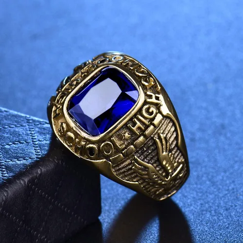 Vista 3 de MASOP Royal Blue Sapphire Color Anillo Acero Inoxidable Hombres Joyería Celebrar la Escuela Secundaria Anillos Tamaño 8-15