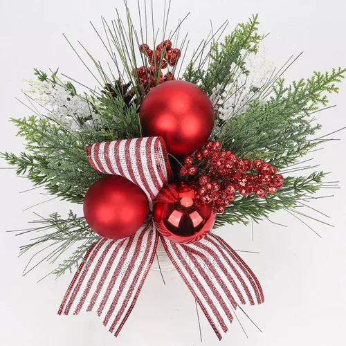 Vista 6 de Hollyone Pequeño árbol de Navidad artificial mini de mesa de 11 pulgadas, decoración de plantas en maceta con adornos de bolas de Navidad, bayas