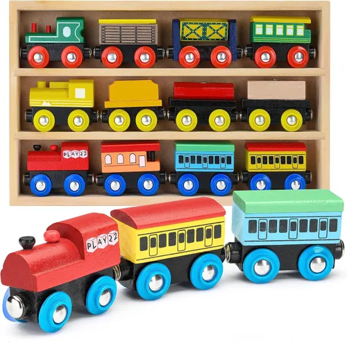 Vista 8 de Juego de Tren de Madera de 12 Piezas - Juego Magnético de Juguetes de Tren Incluye 3 Motores - Juegos de Tren de Juguete para Niños Pequeños y Niñas