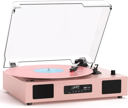 Vista 9 de Reproductor de discos de vinilo con Bluetooth, tocadiscos de 3 velocidades por correa con altavoces integrados, fácil configuración