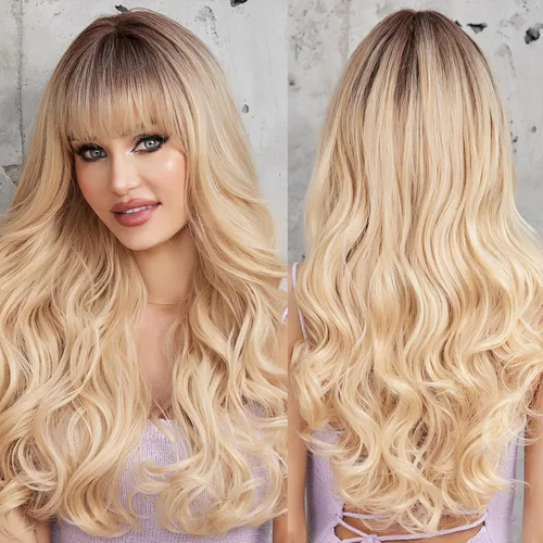 Vista 9 de HAIRCUBE Peluca rubia con reflejos, peluca larga y rizada con flequillo, peluca marrón, aspecto natural, resistente al calor, peluca sintética