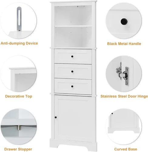 Vista 7 de Armario esquinero alto con 3 cajones y puerta, estantes ajustables, organizador de almacenamiento de baño para sala de estar o cocina, color blanco