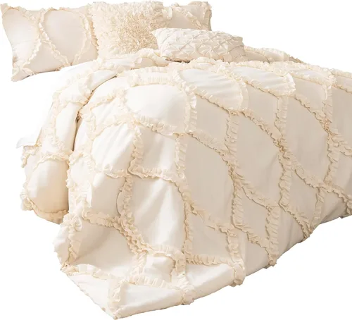 Vista 6 de Juego de edredón Lush Decor Avon, juego de 3 piezas, tamaño Full/Queen, color marfil - Juego de cama romántico estilo granja - Elegante ropa de cama