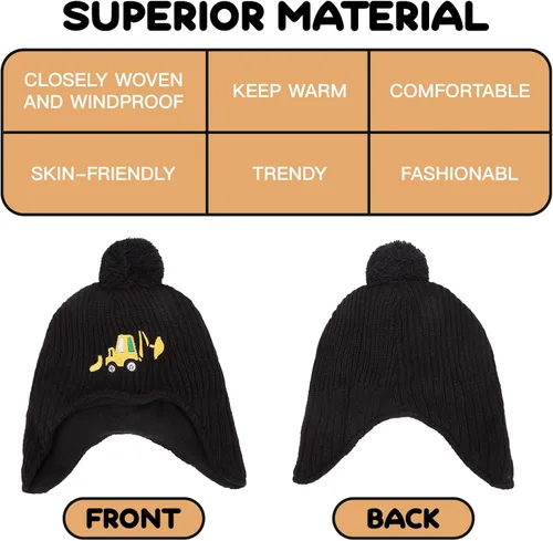 Vista 2 de BAOPLAYKIDS Toddler Winter Hat Baby Beanie with Earflap Warm Fleece Lined Embroidery Excavator Hats for Boys Kids