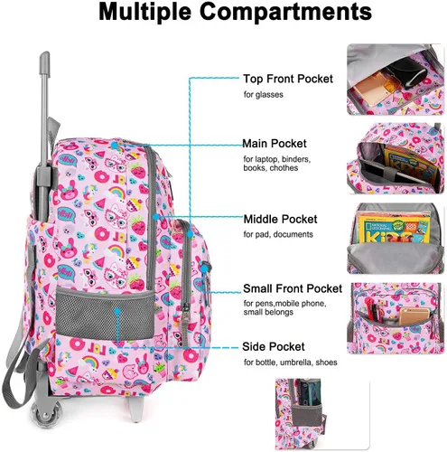 Vista 3 de Mochila rodante de 18 pulgadas con ruedas de doble asa laptop para niños y niñas viajes escuela niños equipaje para niños pequeños rosado Cat Pink