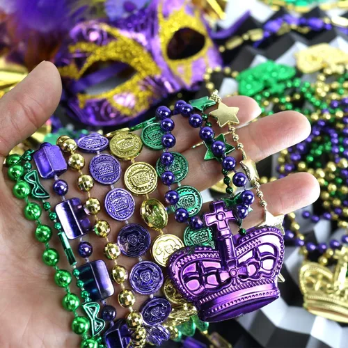 Vista 4 de GiftExpress 100 collares de cuentas metálicas de Mardi Gras para recuerdos, desfile de Año Nuevo, celebraciones del día de San Patricio