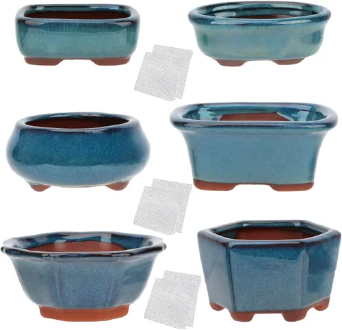 Vista 9 de Juego de 6 macetas esmaltadas para suculentas Bonsái + 6 pantallas de drenaje de malla suave