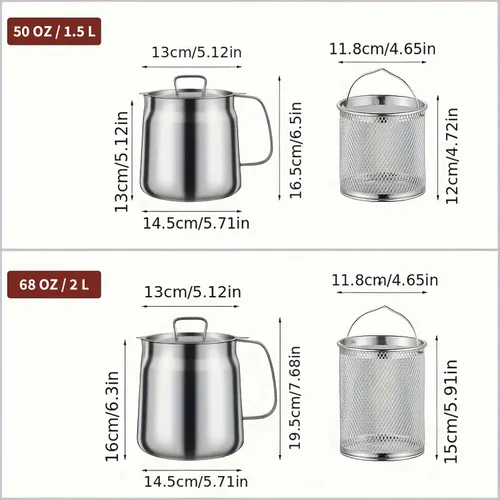Vista 6 de Olla de acero inoxidable 304 de 50 onzas con cesta y colador, recipiente de grasa de tocino de gran capacidad para cocina, freír, cocinar, acampar
