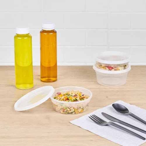 Vista 3 de Restaurantware -Asporto - Cajas para llevar de 8 onzas, 25 recipientes redondos para sopa para microondas - Tapas de plástico transparente