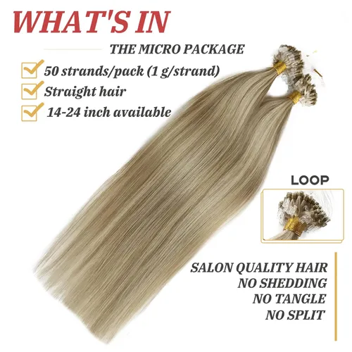 Vista 3 de Extensiones de cabello con micro puntas, 16 pulgadas, balayage, color #18, rubio beige, mezclado #60 rubio platino, extensiones de cabello humano