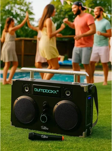 Vista 2 de Bumpboxx Bluetooth Boombox Ultra Plus Boombox retro con altavoz Bluetooth Incluye batería de litio recargable, correa de transporte y micrófono