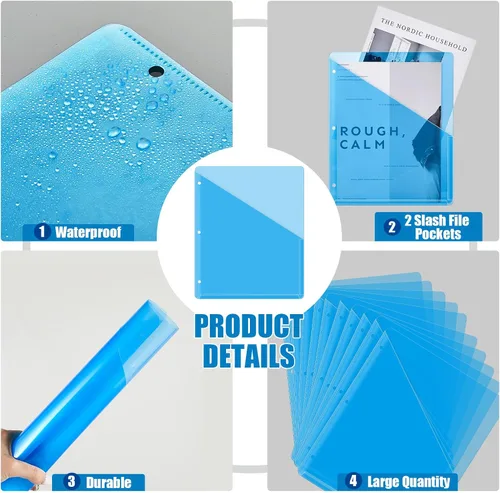 Vista 4 de Seajan 48 Carpetas de Bolsillo para Carpeta de 3 Anillas, Fundas de Plástico Transparente con 2 Bolsillos, Separadores de Carpeta Perforados con 3