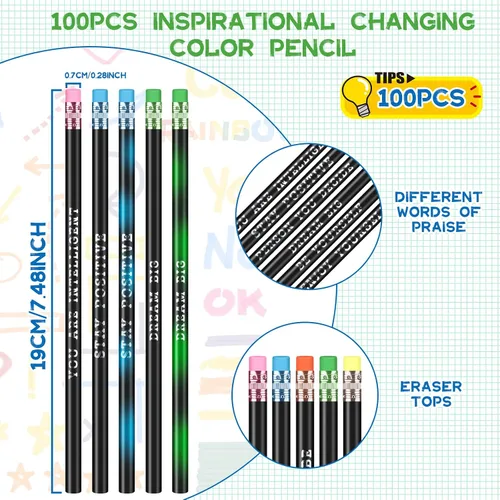 Vista 3 de Epakh 100 lápices inspiradores que cambian de color a granel con borrador, bolígrafos de madera HB, regalo para niños, regalo de regreso a clases