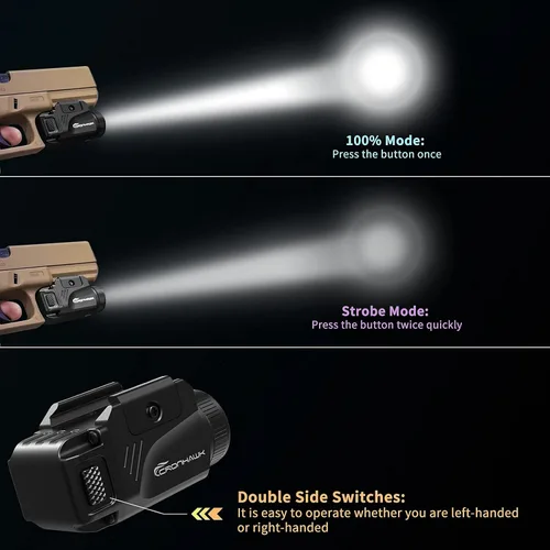 Vista 8 de CRONHAWK Linterna táctica compacta de 600 lúmenes con riel ajustable con estroboscópico para pistolas se adapta a Picatinny MIL-STD-1913