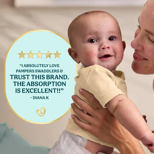 Vista 11 de Pampers Pañales Swaddlers, talla 4 (15-34 libras), 150 unidades, sin fragancia, hipoalergénicos, absorbentes, recomendados por pediatras, seguros