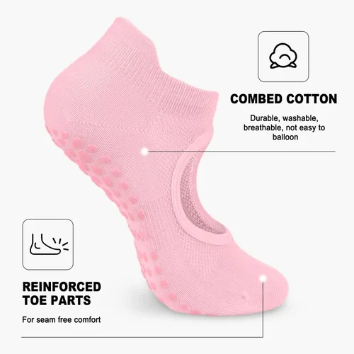 Vista 4 de 5 pares de calcetines de pilates, calcetines de yoga con agarres para mujer, antideslizantes, pilates, entrenamiento, barra pura, ballet, danza