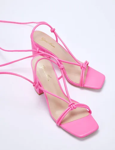 Vista 9 de GENSHUO Square Toe Sandals Women Lace up Chunky High Heels Strappy Sandals Block Heeled Homecoming Wedding Dress Shoes